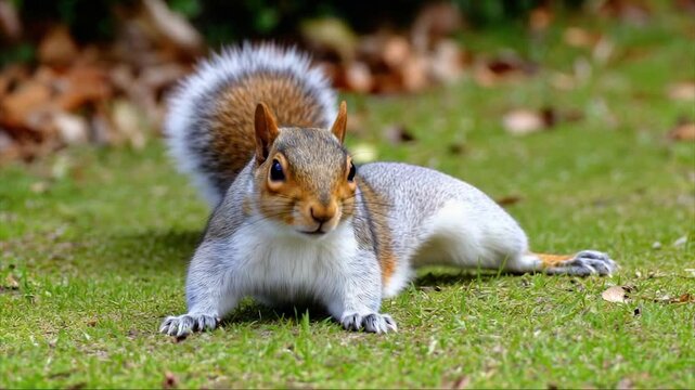 A gray squirrel with orange and white fur reclines on green grass, looking at the viewer