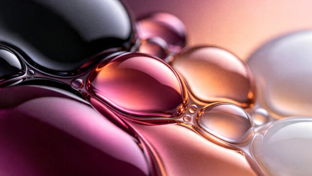 Abstract 3D grainy background featuring floating liquid glass oil bubbles with premium black pink rose gold and white iridescent holographic gradient refractions.