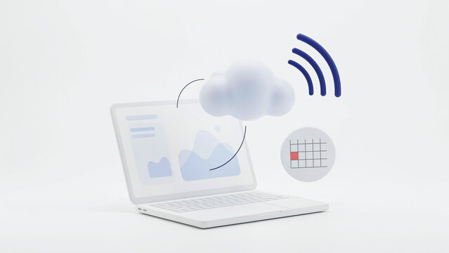 Modern laptop displaying cloud data analytics with wireless signal and grid network illustration