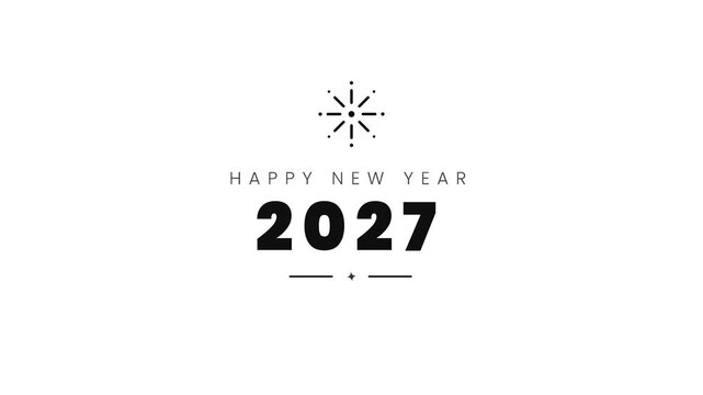 Minimalist Happy New Year 2027 greeting, clean black text on white background, elegant holiday typography with geometric star icon