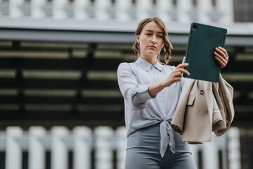 Fototapeta premium A professional woman uses a tablet while standing outside a modern office building. She holds a coat and stylus as she interacts with the device in a corporate setting.