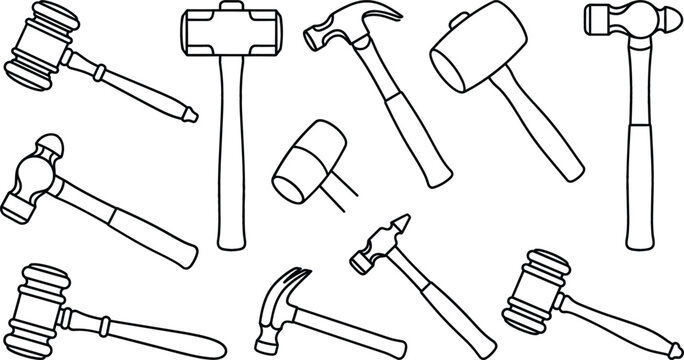 Hammer and gavel icon set vector black outline construction tools collection line art isolated on white background