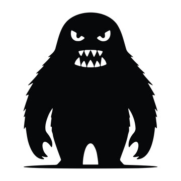 Black silhouette of a furry monster with sharp teeth