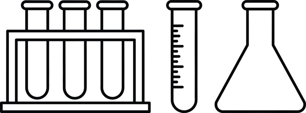 Laboratory test tubes on rack graduated cylinder and conical erlenmeyer flask line art vector icons for science research