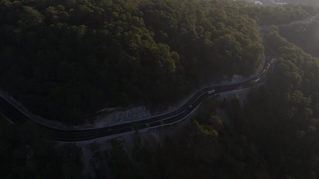 Aerial drone view of Prenn Pass winding through lush pine forests and mountains in Xuan Huong Ward, Da Lat, Lam Dong Province, Vietnam.