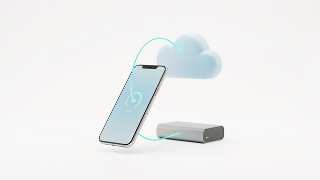 Modern smartphone wirelessly connected to portable charging device with cloud icon representing data syncing or backup
