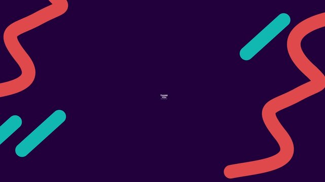 A modern, minimalist, and dynamic outro video slide designed with a deep navy purple background accented by colorful geometric squiggles and floating diagonal capsules.