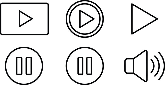 Media player icon set with play pause button arrow screen and audio speaker sound volume control line vectors