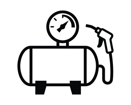 Pneumatic air compressor tank icon with pressure gauge and air gun