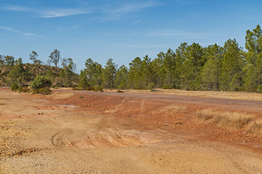 View of the historic mining landscape at Minas de Sao Domingos with reddish-brown earth, sparse pine trees, and a clear blue sky in Corte do Pinto, Beja District, Portugal.