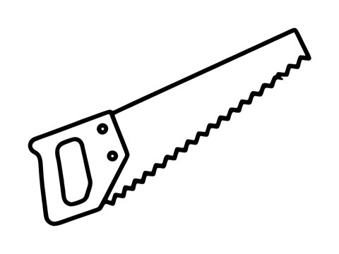 Minimalist hand saw vector icon for woodworking and carpentry projects. This black line illustration of a manual cutting tool features a serrated blade and ergonomic handle for DIY home repair.