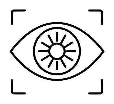 Minimalist vector icon of a biometric iris scanner or human eye recognition system within a focus frame, perfect for security, privacy, and digital authentication technology illustrations and symbols.