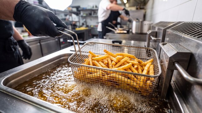 Cook lifting basket of golden french fries from deep fryer with professional kitchen setting captures gloved hand metal basket filled restaurant industry kitchen equipment