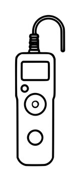 Minimalist black and white vector icon illustration of a digital camera intervalometer remote shutter release with LCD screen and control buttons for professional photography time-lapse gear.