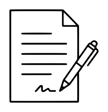 Minimalist black and white vector icon of a legal document or contract being signed with a pen, perfect for business, real estate, or administrative themes in a clean outline illustration style.
