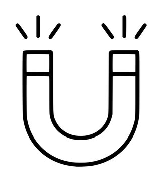 Minimalist horseshoe magnet vector icon illustration representing magnetic attraction, force, and physics. Simple black line art design for marketing lead magnet concepts, science, and education.