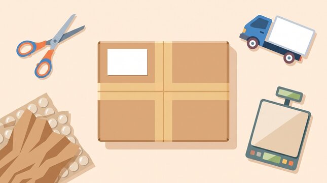 Parcel ready for shipping with cardboard box, sealing tape, shipping label, weighing scale and delivery truck in flat design illustration