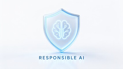 Naklejka premium 3D Glass Shield With Brain Circuit Responsible AI Concept Icon