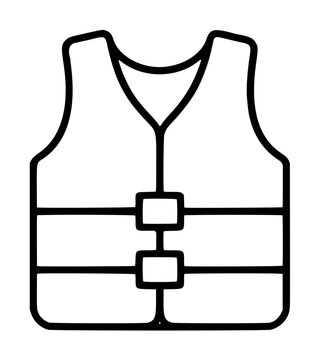 Minimalist life jacket vector icon for water safety and maritime rescue. This black and white line art illustration features a personal flotation device with buckles for boating and sailing gear.