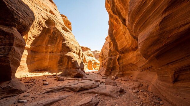 Majestic red sandstone canyon walls rising steeply under clear blue sky with rugged red rock formations with formations