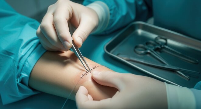 Surgeon's hands precisely suturing a wound on a patient's arm during a medical procedure, with surgical instruments nearby.