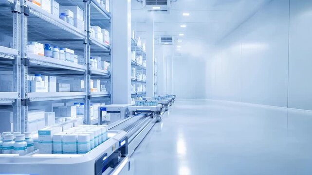 Autonomous robots operate in pharmaceutical warehouse. Automated medicine logistics with copy space