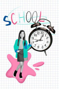 School time: cheerful schoolgirl pointing to an alarm clock in a colorful collage with notebook grid background, playful splashes and hand-drawn lettering evoking punctuality and learning
