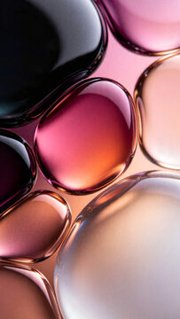 Abstract grainy 3D glass bubbles background with rose gold pink and black holographic gradient vertical composition perfect for premium mobile device wallpapers.