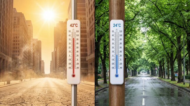 Split screen comparison of urban heat island effect showing extreme temperature differences between city with thermometer reading degrees contrasting scorched urban