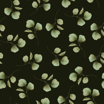 Hand-drawn eucalyptus leaf dark seamless pattern illustration