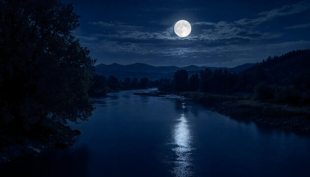 Scenic night view of full moon glowing over calm river with mountain silhouette