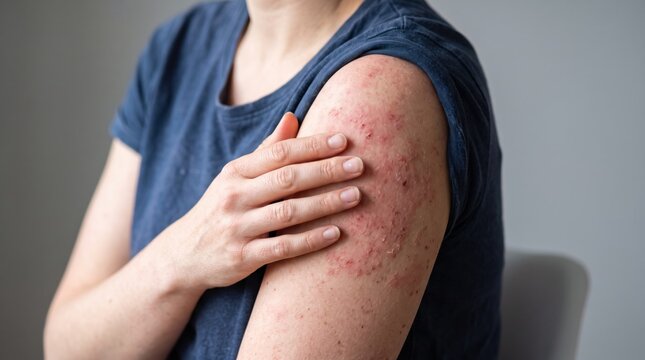 of woman arm suffering from red skin rash, eczema, or allergic reaction, scratching itchy dermatitis patches, representing healthcare, medical treatment, allergy symptoms