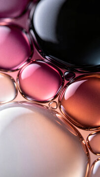 Abstract grainy 3D glass bubbles background with rose gold pink and black holographic gradient vertical composition perfect for premium mobile device wallpapers.