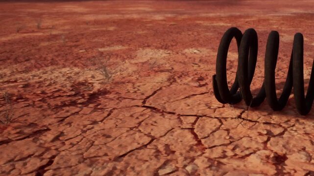 A black coil rests on dried and cracked ground in a barren area. Sparse vegetation shows through the cracked earth under a clear sky during daylight.