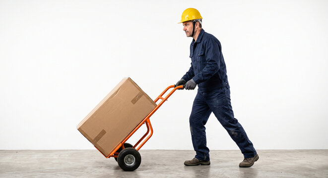 Delivery man in dark blue work uniform and yellow safety hard hat pulling industrial hand truck loaded with large cardboard box