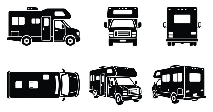 Motorhome RV icon set, black white caravan camper graphic views