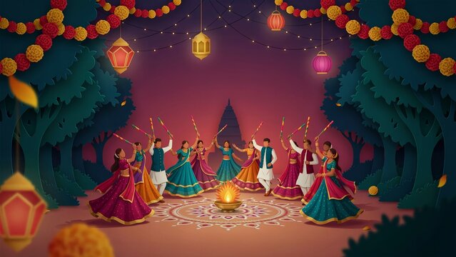 Group of people performing traditional dandiya raas dance with sticks around a glowing diya lamp during navratri festival