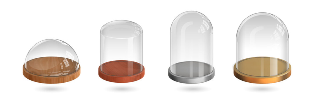 Glass domes on wooden and metal bases showcase display on transparent background