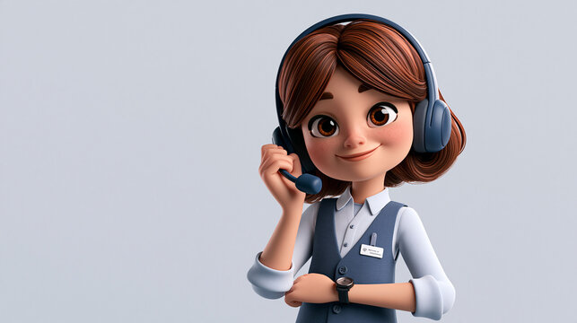 A 3D cartoon female customer service representative or support operator wearing a headset and formal uniform, isolated on a clean grey background.