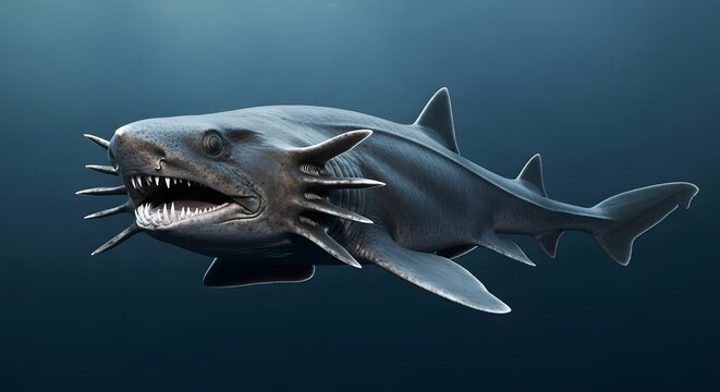Frilled Shark swimming in deep blue ocean water during underwater exploration with visible teeth and gills