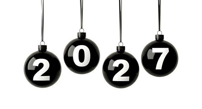 Four black christmas baubles hanging with white numbers representing the year 2027 for a holiday season celebration