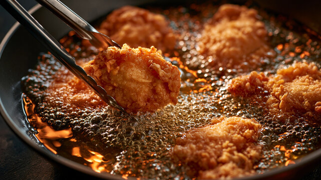 Crispy fried chicken being lifted with tongs from hot bubbling oil in a frying pan, creating a delicious and crunchy meal preparation scene.