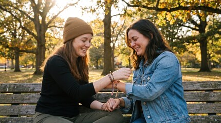 Fototapeta premium Two young women sitting on a wooden park bench holding hands and smiling at each other warmly outside