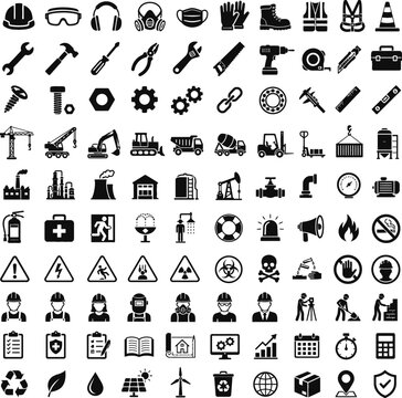 Construction Safety Industrial Tools Heavy Equipment Vector Icon Set