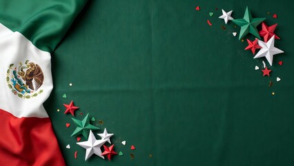 Naklejka premium Mexican flag with decorative paper stars on a green background for Independence Day and national celebration concepts