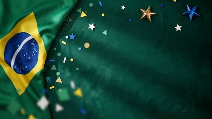 Naklejka premium Brazilian flag with festive colorful confetti and decorative star shapes on a dark green textured background surface