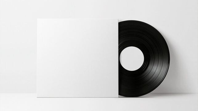 A blank white vinyl record sleeve mockup with a black vinyl disc sliding out, isolated on a clean white background for music album cover design.