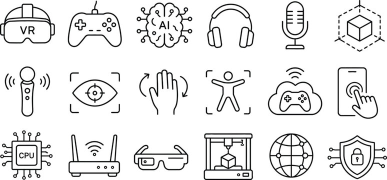 Virtual Reality Gaming AI Smart Technology Line Icon Set