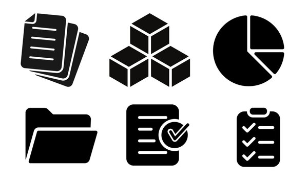 Various icons symbolizing business operations, including stacked documents, cubes, a pie chart, a folder, a checklist, and a clipboard, all presented in a solid black silhouette on a white backdrop.