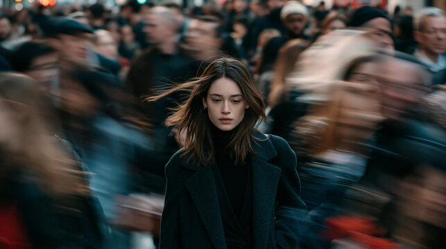 A young woman standing still and focused amidst a blurry rushing crowd in a busy city street, representing loneliness, isolation, and urban lifestyle.